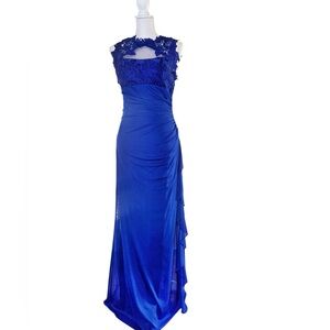 Blue Ruched Ruffled Maxi Gown